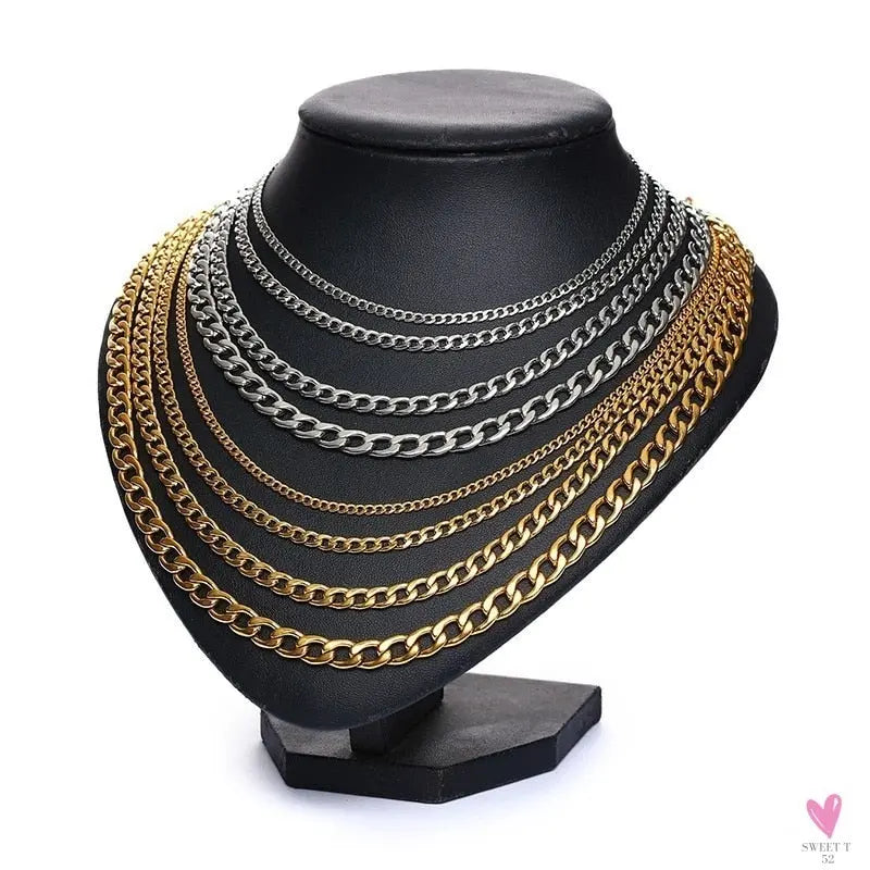 Cuban Chain Link Necklace for Men and Boys, Stainless Steel in Gold, Black and Silver Color - Choker or Long