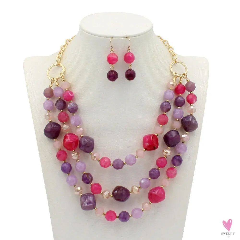 Fashion Acrylic Jewelry - Retro Big Resin Stone Glass Beads, Handmade Necklace/Earring Set for Women and Girls