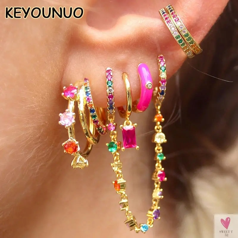 Gold Filled Stud Earrings For Women & Girls - Ear Cuffs, Colorful Zircon Dangle Hoop Earrings, Fashion, Party Jewelry-Earrings-SWEET T 52