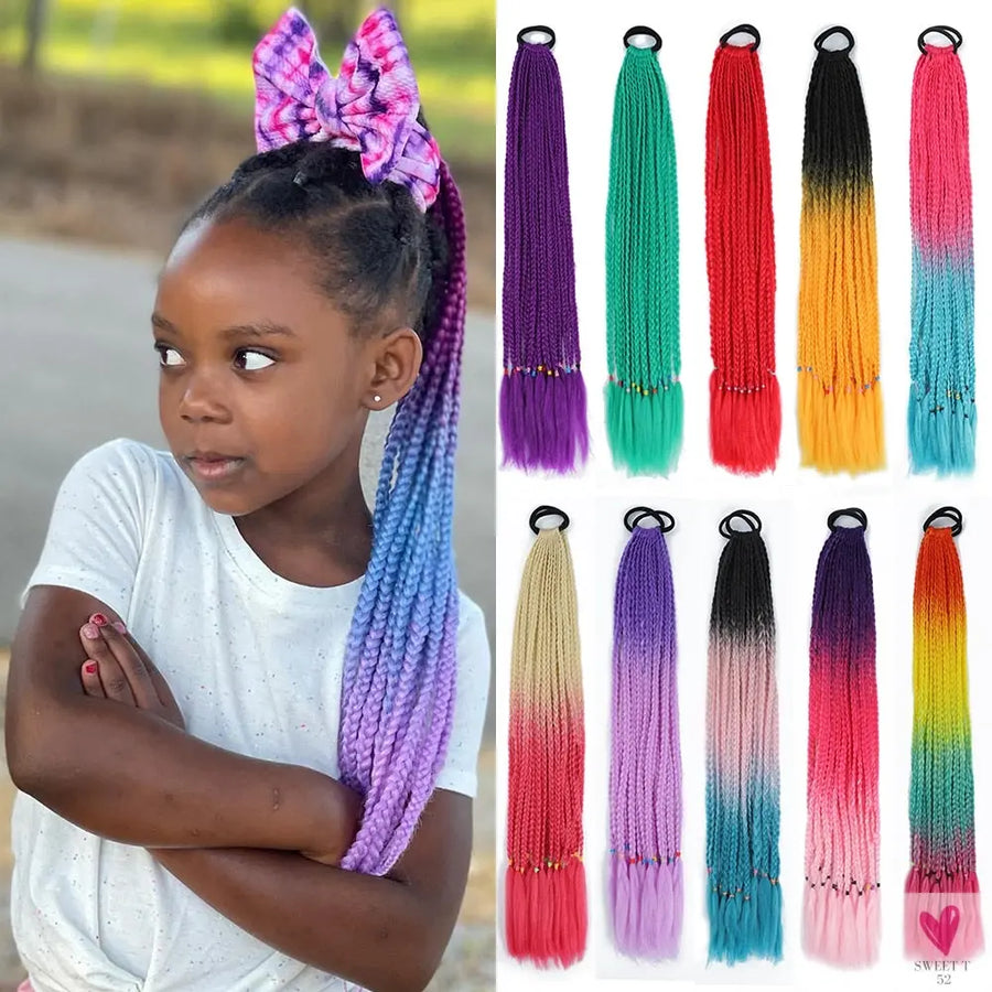 Synthetic Gradient Color Braided Ponytail - 60 CM Elastic Rubber Band Braiding Pony Tail Hair Extensions For Girls
