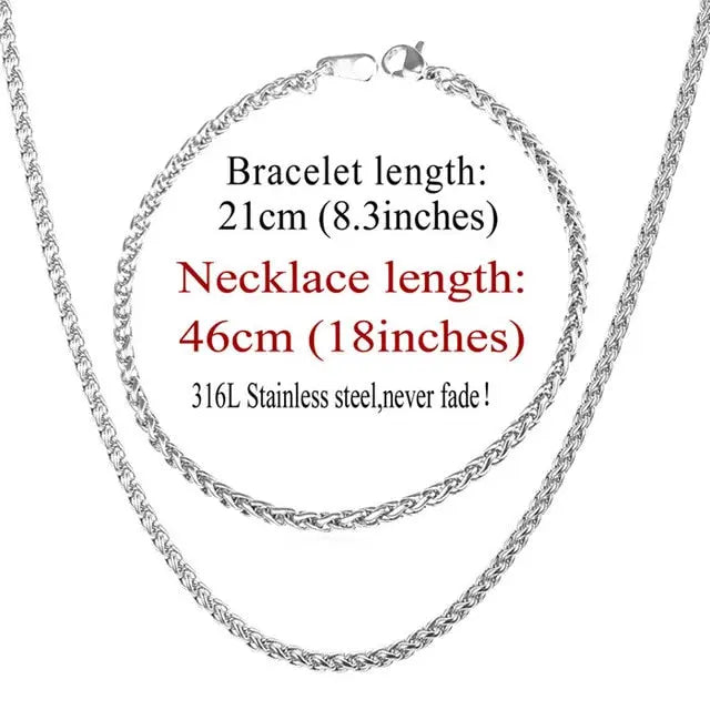 Trendy Wheat Chain Necklace/Bracelet Set for Men and Boys in Gold/Silver/Black