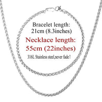 Trendy Wheat Chain Necklace/Bracelet Set for Men and Boys in Gold/Silver/Black