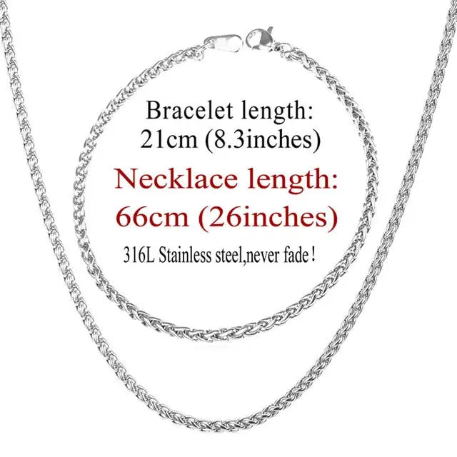 Trendy Wheat Chain Necklace/Bracelet Set for Men and Boys in Gold/Silver/Black