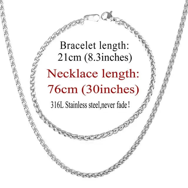 Trendy Wheat Chain Necklace/Bracelet Set for Men and Boys in Gold/Silver/Black