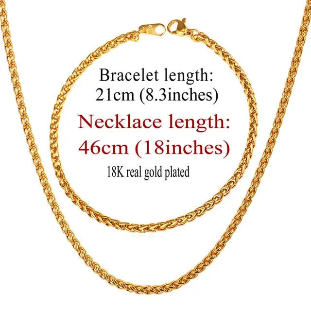 Trendy Wheat Chain Necklace/Bracelet Set for Men and Boys in Gold/Silver/Black