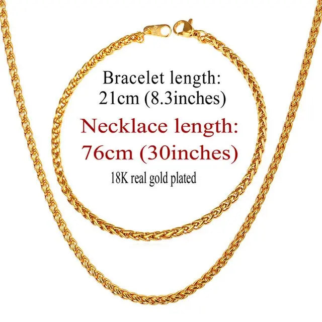 Trendy Wheat Chain Necklace/Bracelet Set for Men and Boys in Gold/Silver/Black