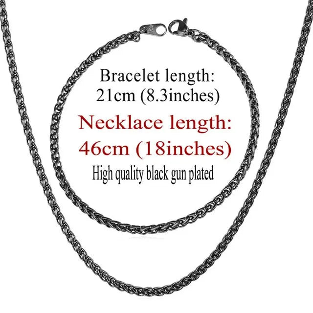 Trendy Wheat Chain Necklace/Bracelet Set for Men and Boys in Gold/Silver/Black