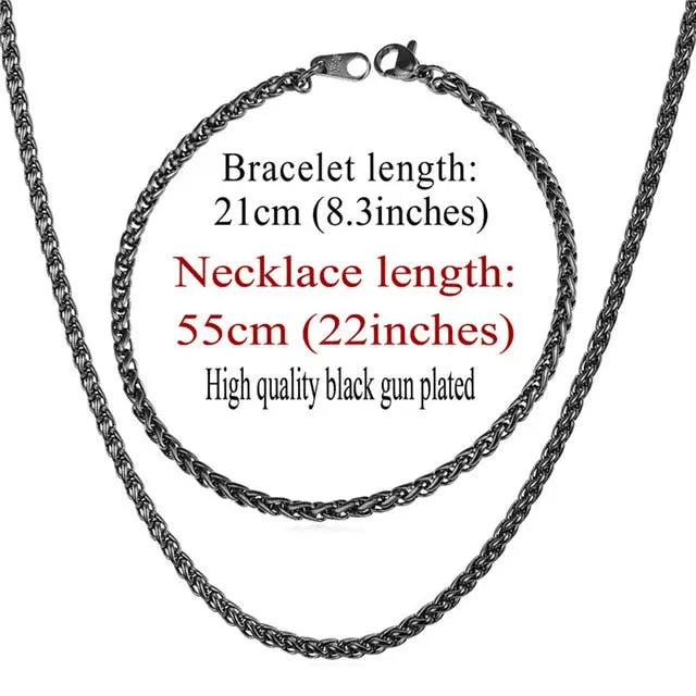 Trendy Wheat Chain Necklace/Bracelet Set for Men and Boys in Gold/Silver/Black