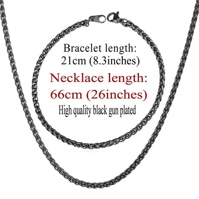 Trendy Wheat Chain Necklace/Bracelet Set for Men and Boys in Gold/Silver/Black