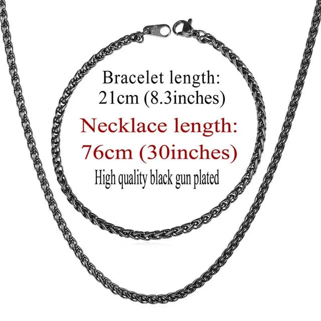 Trendy Wheat Chain Necklace/Bracelet Set for Men and Boys in Gold/Silver/Black