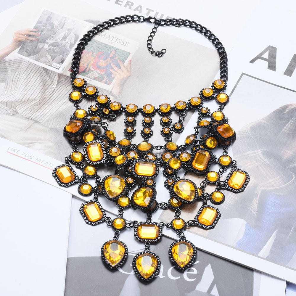 Creative Exaggerating Retro Multi-layer Style Alloy Inlaid Jewel Necklace for Women