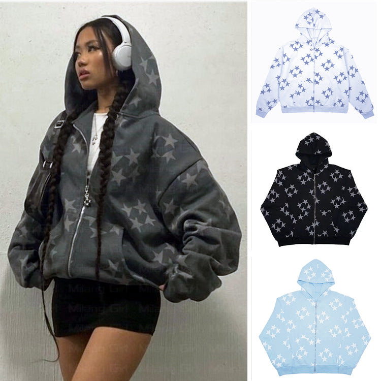 Stars Print Zip-Up Hooded Cardigan
