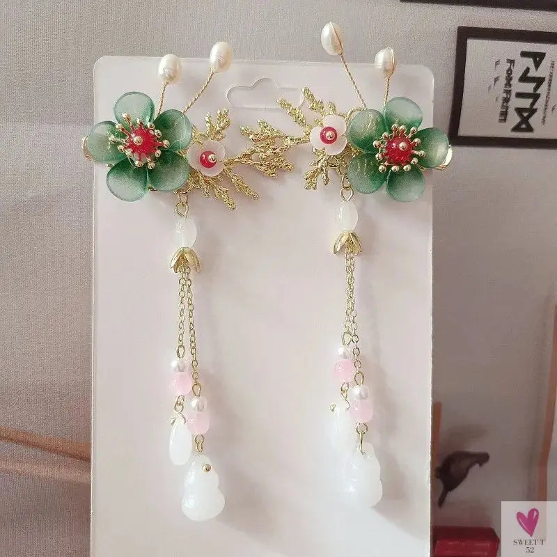 1 Pair Safflower Golden Lock Children's Ancient style headdress, girl's fairy hairpin, Chinese style hair accessories SWEET T 52