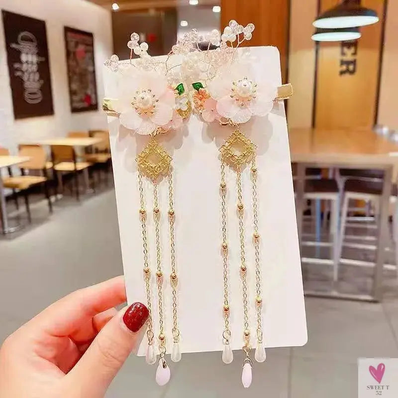 1 Pair Safflower Golden Lock Children's Ancient style headdress, girl's fairy hairpin, Chinese style hair accessories SWEET T 52