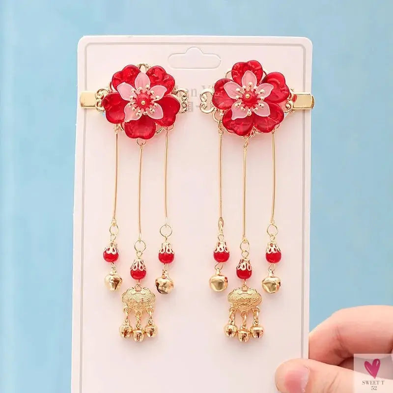 1 Pair Safflower Golden Lock Children's Ancient style headdress, girl's fairy hairpin, Chinese style hair accessories SWEET T 52