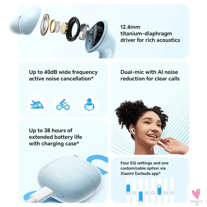 100% Origina Xiaomi Redmi Buds 6 Lite Youth Version Tws Earphone 40Db Noise Cancellation Four Eq Settings 38H Battery Life SWEET T 52
