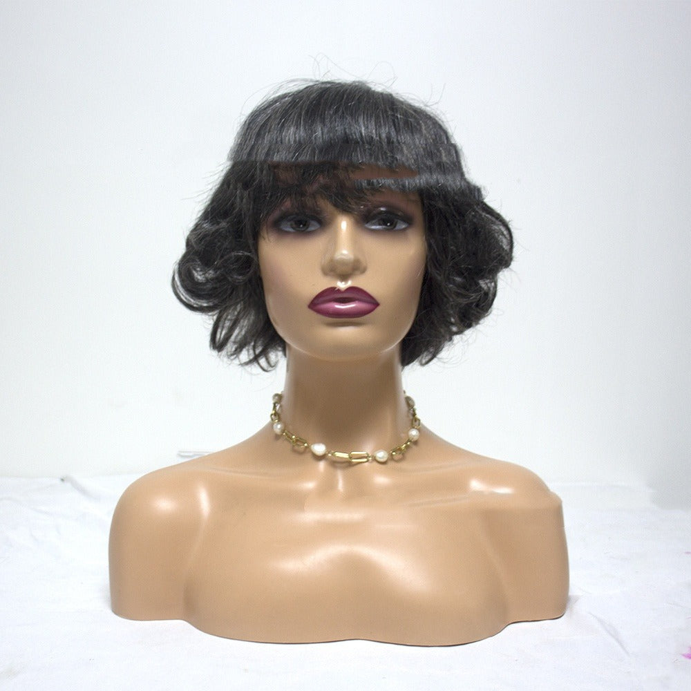European & American Human Hair Grey Wig, Short Curls, 8 Inches