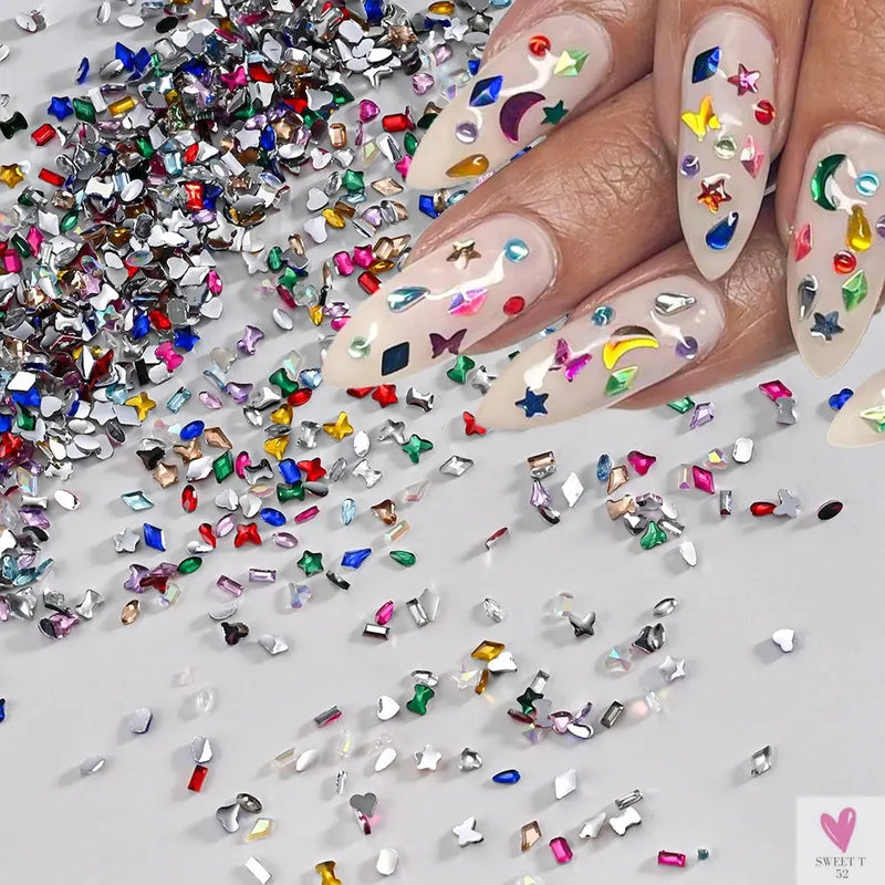 12 Grids 3D Colorful Mini Resin Nail Art Rhinestones - Mixed Star/Butterfly/Love Diamonds Nail Charms, DIY Manicure Decorations/Gems Sweet T 52