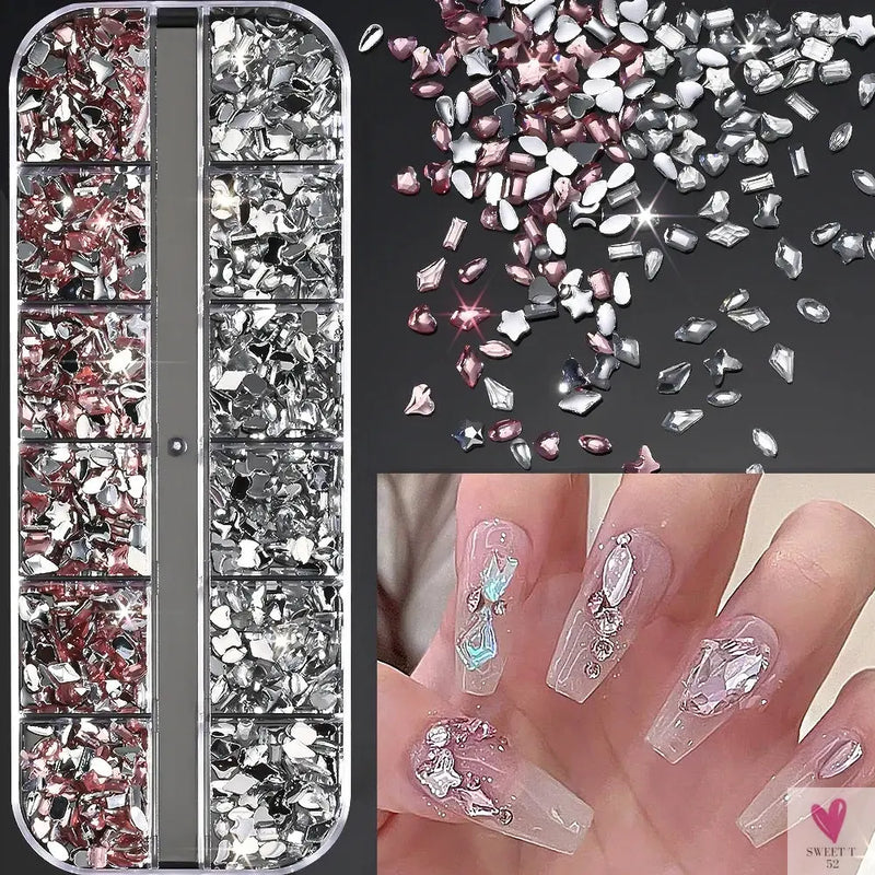 12 Grids 3D Colorful Mini Resin Nail Art Rhinestones - Mixed Star/Butterfly/Love Diamonds Nail Charms, DIY Manicure Decorations/Gems Sweet T 52
