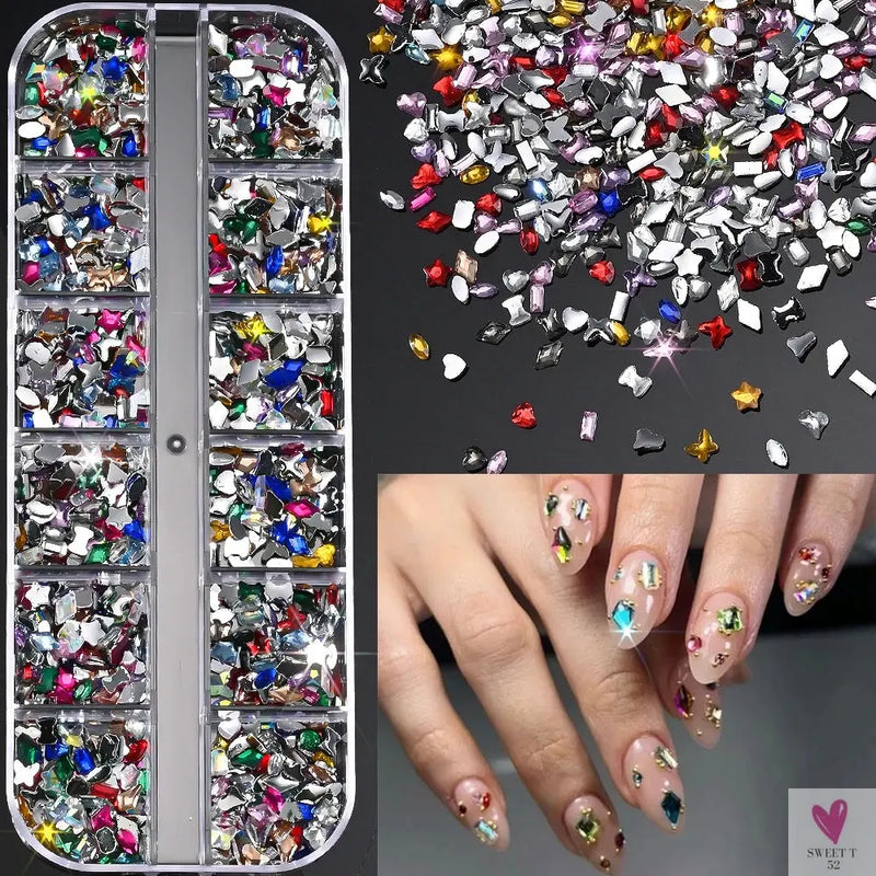 12 Grids 3D Colorful Mini Resin Nail Art Rhinestones - Mixed Star/Butterfly/Love Diamonds Nail Charms, DIY Manicure Decorations/Gems Sweet T 52