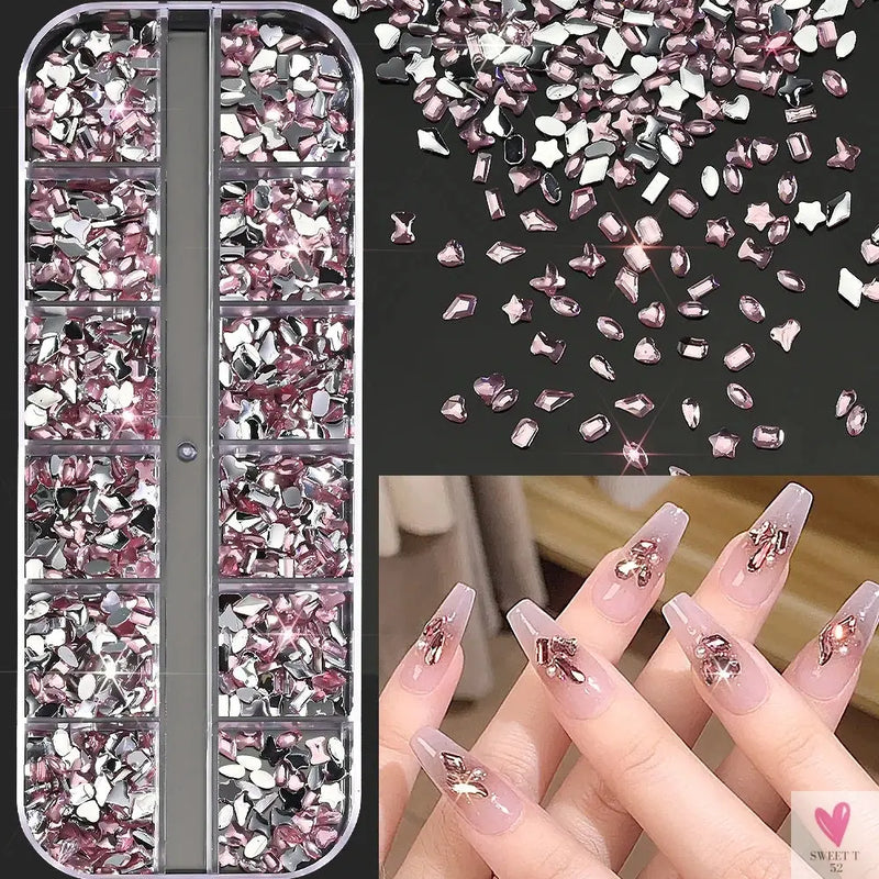 12 Grids 3D Colorful Mini Resin Nail Art Rhinestones - Mixed Star/Butterfly/Love Diamonds Nail Charms, DIY Manicure Decorations/Gems Sweet T 52