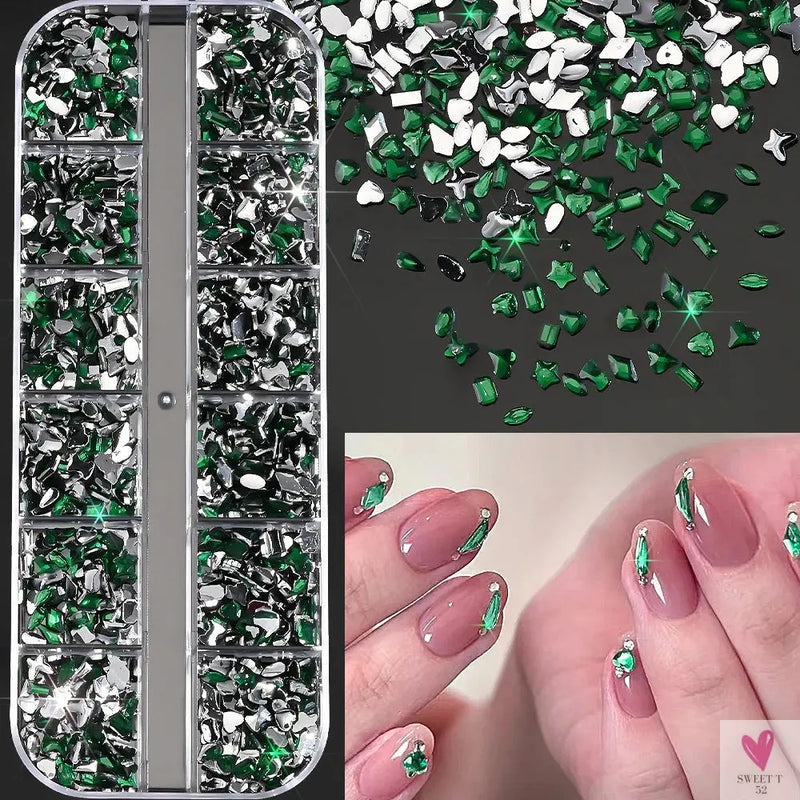 12 Grids 3D Colorful Mini Resin Nail Art Rhinestones - Mixed Star/Butterfly/Love Diamonds Nail Charms, DIY Manicure Decorations/Gems Sweet T 52