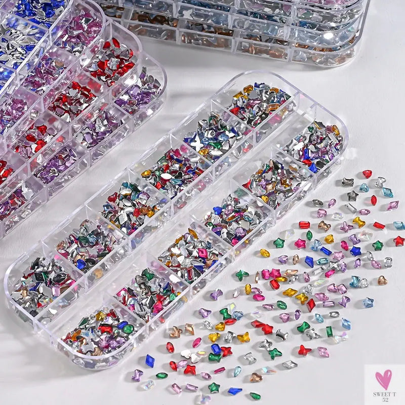 12 Grids 3D Colorful Mini Resin Nail Art Rhinestones - Mixed Star/Butterfly/Love Diamonds Nail Charms, DIY Manicure Decorations/Gems Sweet T 52