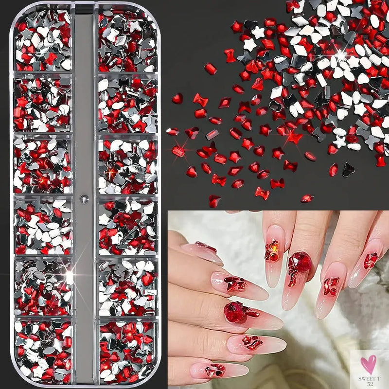 12 Grids 3D Colorful Mini Resin Nail Art Rhinestones - Mixed Star/Butterfly/Love Diamonds Nail Charms, DIY Manicure Decorations/Gems Sweet T 52