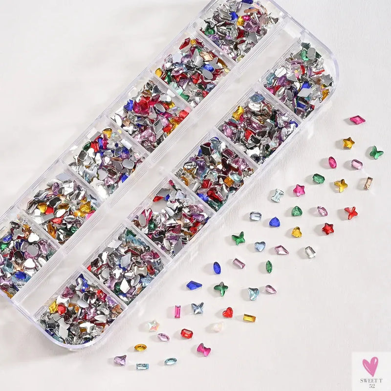 12 Grids 3D Colorful Mini Resin Nail Art Rhinestones - Mixed Star/Butterfly/Love Diamonds Nail Charms, DIY Manicure Decorations/Gems Sweet T 52