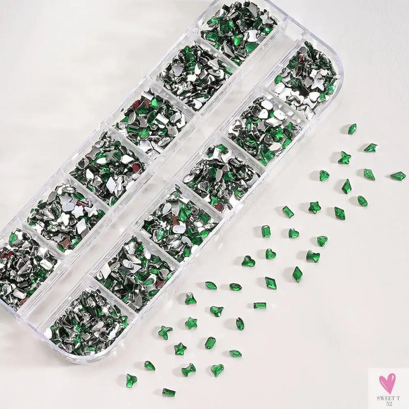 12 Grids 3D Colorful Mini Resin Nail Art Rhinestones - Mixed Star/Butterfly/Love Diamonds Nail Charms, DIY Manicure Decorations/Gems Sweet T 52