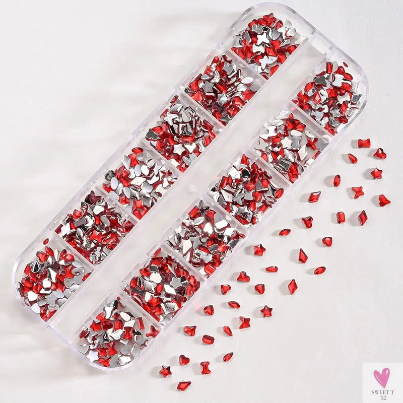 12 Grids 3D Colorful Mini Resin Nail Art Rhinestones - Mixed Star/Butterfly/Love Diamonds Nail Charms, DIY Manicure Decorations/Gems Sweet T 52
