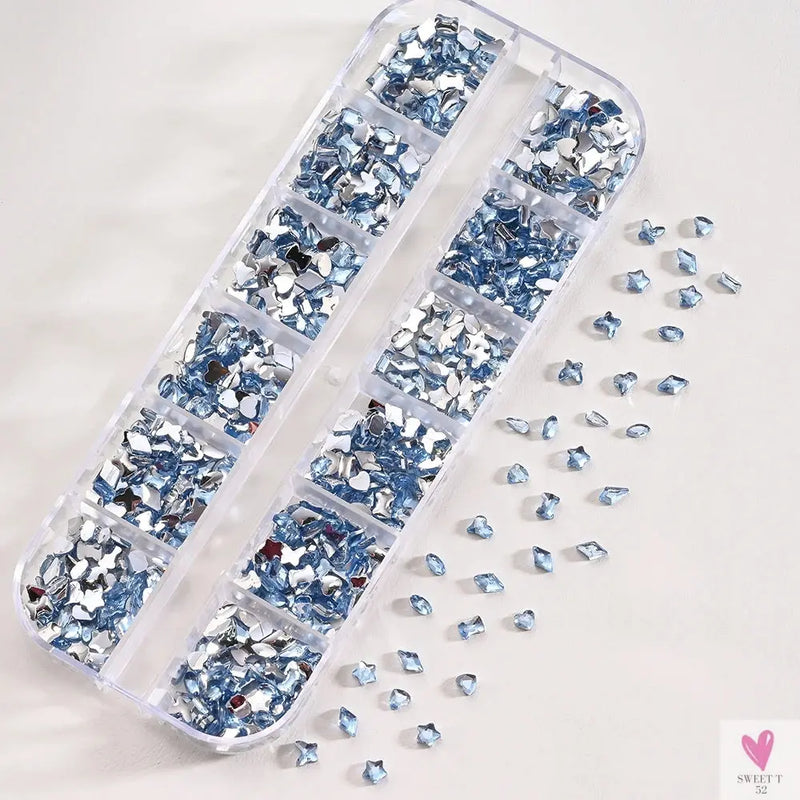 12 Grids 3D Colorful Mini Resin Nail Art Rhinestones - Mixed Star/Butterfly/Love Diamonds Nail Charms, DIY Manicure Decorations/Gems Sweet T 52