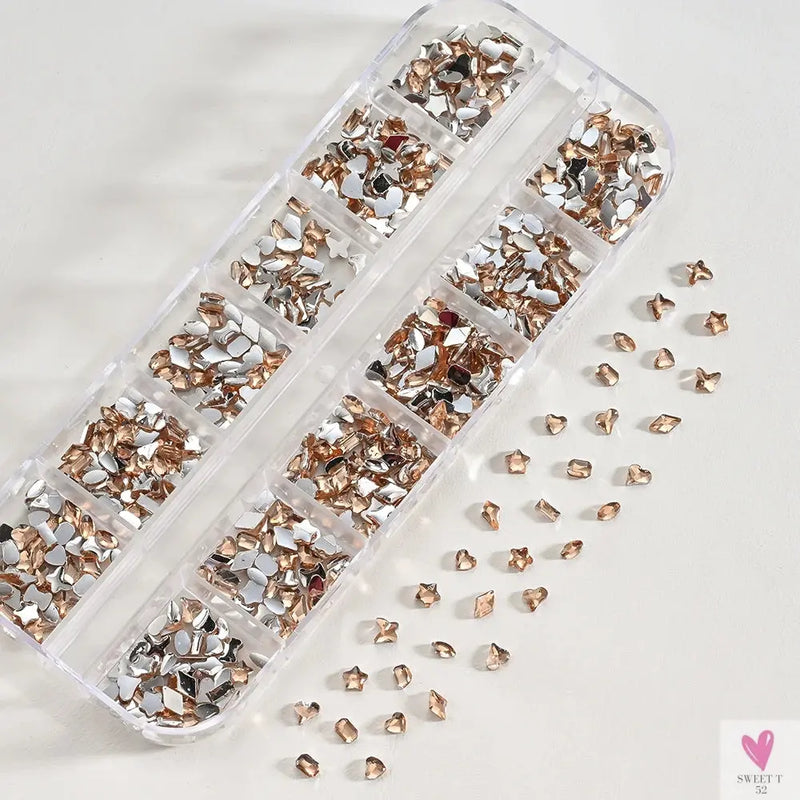 12 Grids 3D Colorful Mini Resin Nail Art Rhinestones - Mixed Star/Butterfly/Love Diamonds Nail Charms, DIY Manicure Decorations/Gems Sweet T 52