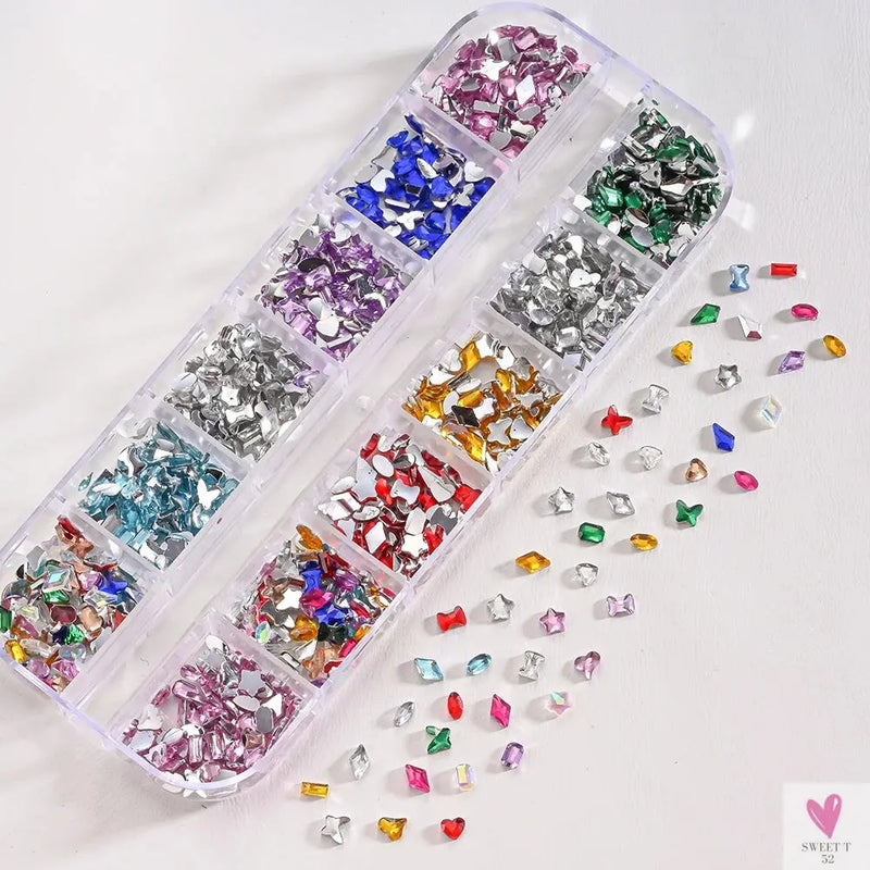 12 Grids 3D Colorful Mini Resin Nail Art Rhinestones - Mixed Star/Butterfly/Love Diamonds Nail Charms, DIY Manicure Decorations/Gems Sweet T 52