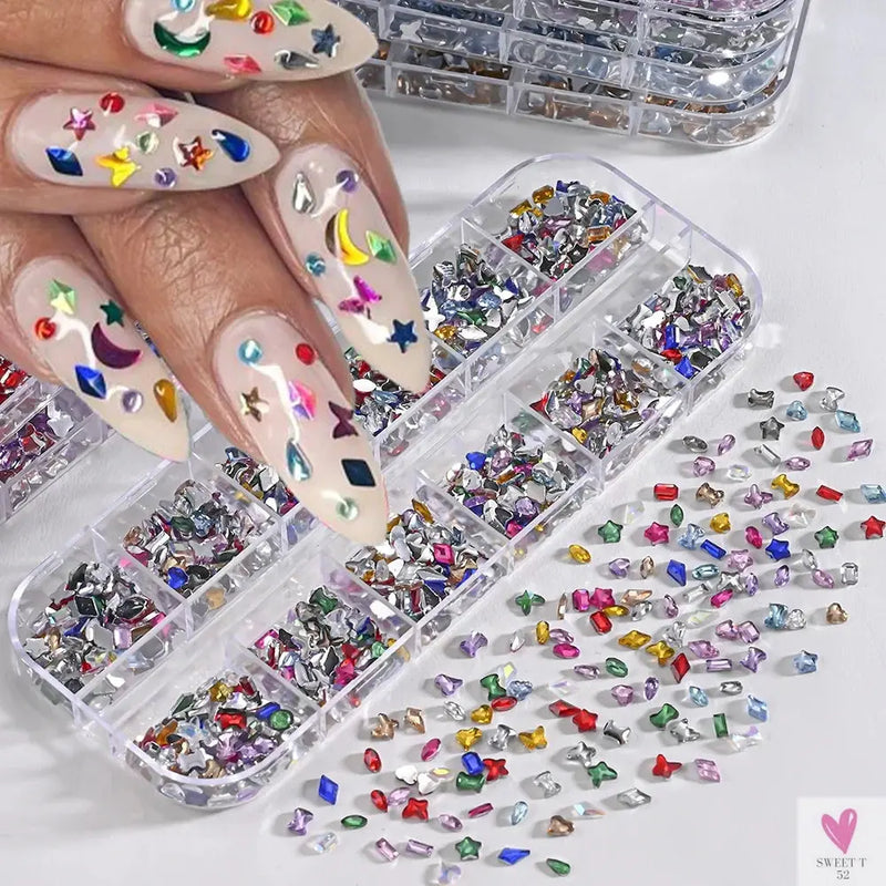 12Grids 3D Colorful Mini Resin Nail Art Rhinestones Mixed Star/Butterfly/Love Diamonds Nail Charms DIY Manicure Decorations Gems Sweet T 52