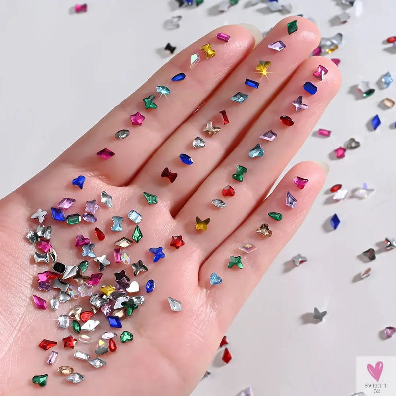 12Grids 3D Colorful Mini Resin Nail Art Rhinestones Mixed Star/Butterfly/Love Diamonds Nail Charms DIY Manicure Decorations Gems Sweet T 52