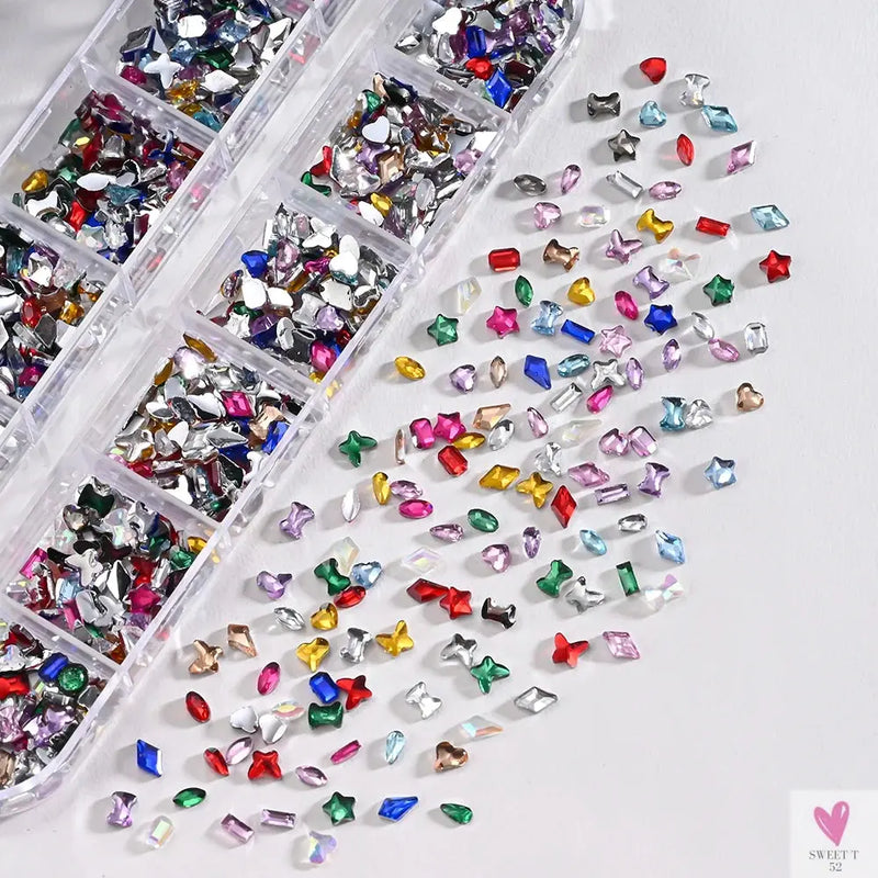 12Grids 3D Colorful Mini Resin Nail Art Rhinestones Mixed Star/Butterfly/Love Diamonds Nail Charms DIY Manicure Decorations Gems Sweet T 52