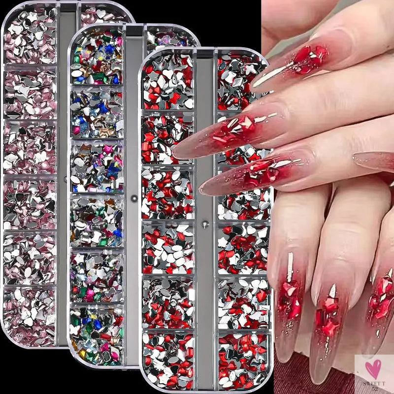 12Grids 3D Colorful Mini Resin Nail Art Rhinestones Mixed Star/Butterfly/Love Diamonds Nail Charms DIY Manicure Decorations Gems Sweet T 52