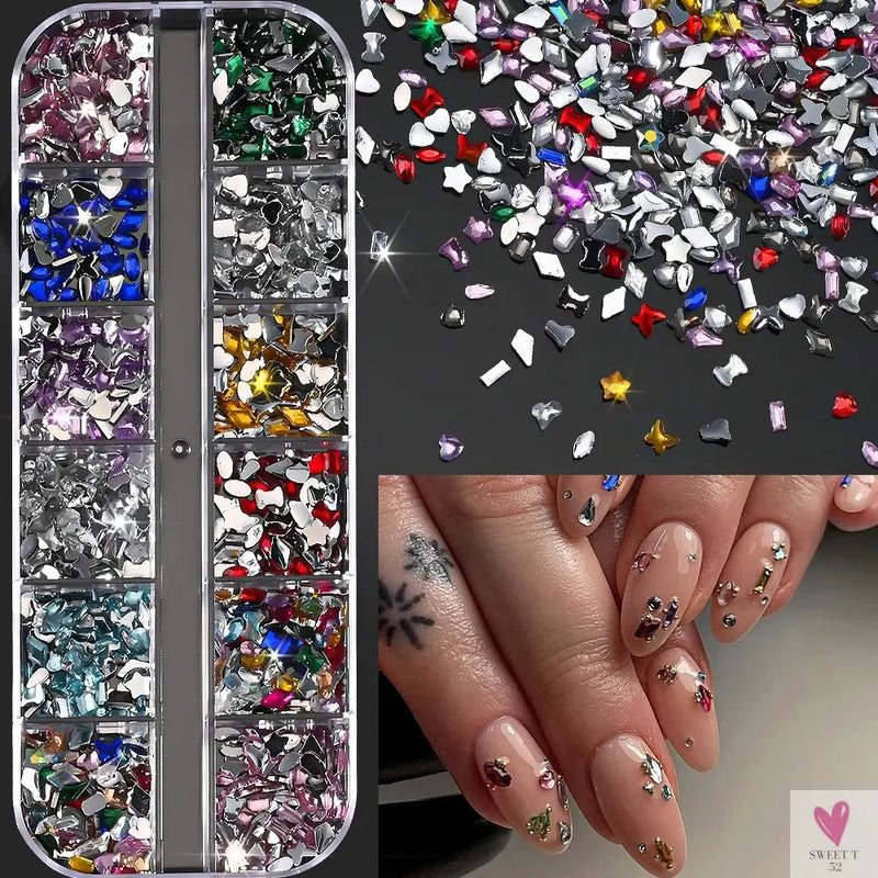 12Grids 3D Colorful Mini Resin Nail Art Rhinestones Mixed Star/Butterfly/Love Diamonds Nail Charms DIY Manicure Decorations Gems Sweet T 52