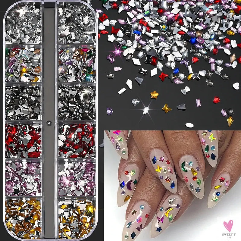 12Grids 3D Colorful Mini Resin Nail Art Rhinestones Mixed Star/Butterfly/Love Diamonds Nail Charms DIY Manicure Decorations Gems Sweet T 52