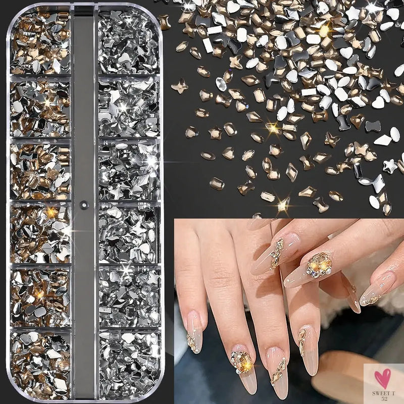 12Grids 3D Colorful Mini Resin Nail Art Rhinestones Mixed Star/Butterfly/Love Diamonds Nail Charms DIY Manicure Decorations Gems Sweet T 52