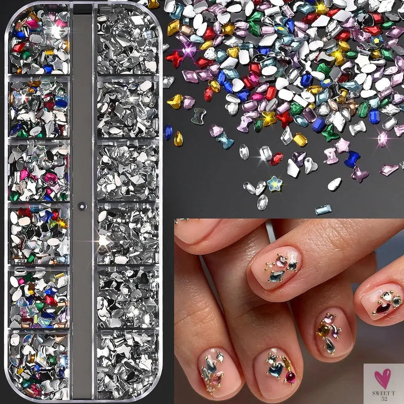 12Grids 3D Colorful Mini Resin Nail Art Rhinestones Mixed Star/Butterfly/Love Diamonds Nail Charms DIY Manicure Decorations Gems Sweet T 52