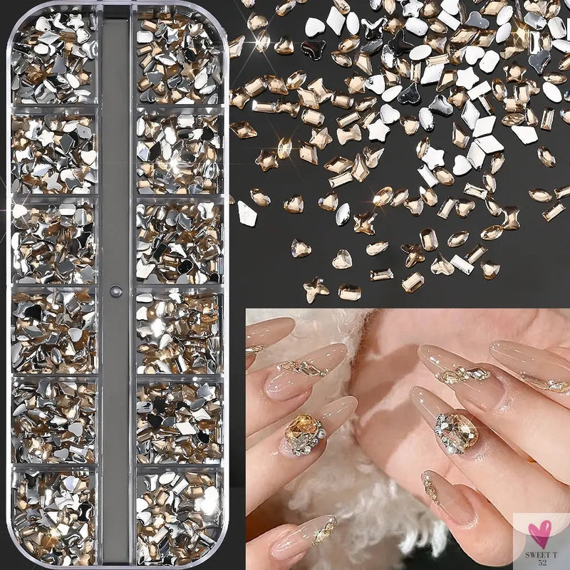 12Grids 3D Colorful Mini Resin Nail Art Rhinestones Mixed Star/Butterfly/Love Diamonds Nail Charms DIY Manicure Decorations Gems Sweet T 52