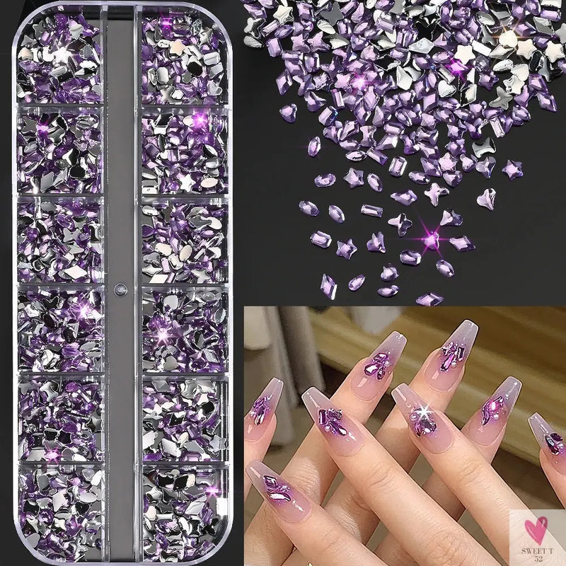 12Grids 3D Colorful Mini Resin Nail Art Rhinestones Mixed Star/Butterfly/Love Diamonds Nail Charms DIY Manicure Decorations Gems Sweet T 52