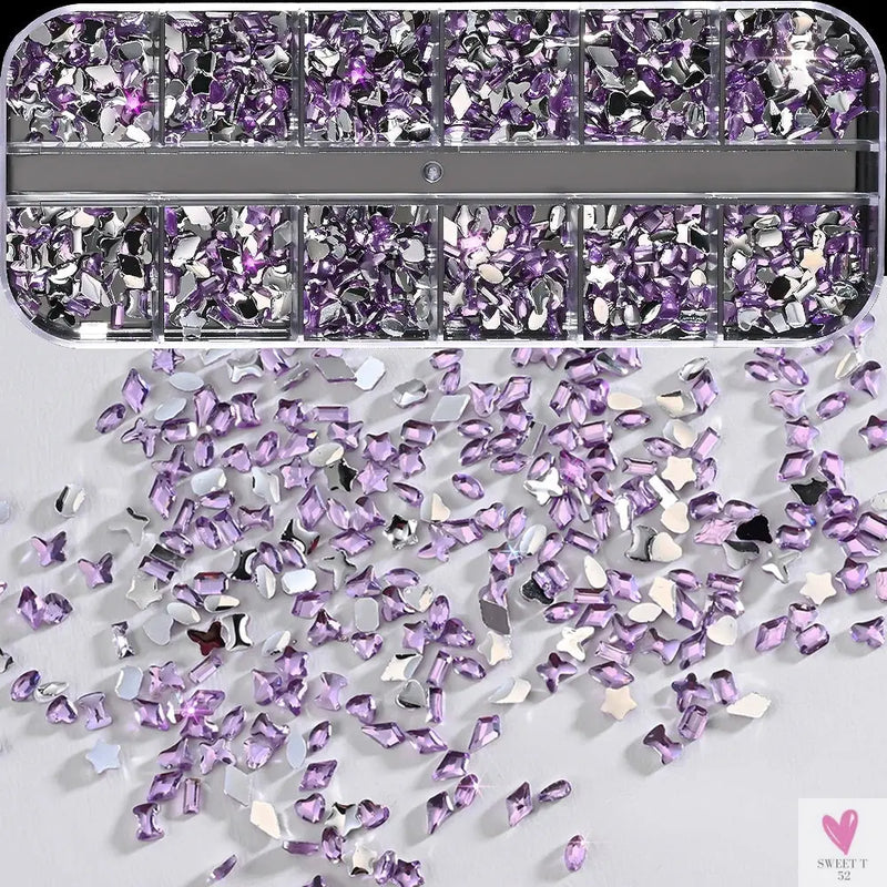 12Grids 3D Colorful Mini Resin Nail Art Rhinestones Mixed Star/Butterfly/Love Diamonds Nail Charms DIY Manicure Decorations Gems Sweet T 52