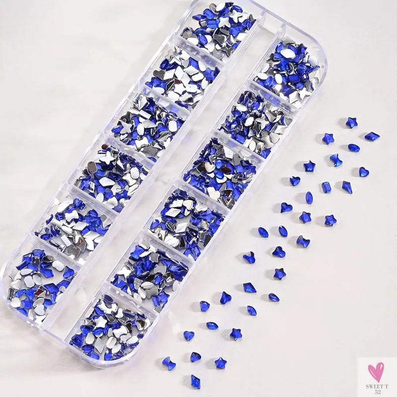 12Grids 3D Colorful Mini Resin Nail Art Rhinestones Mixed Star/Butterfly/Love Diamonds Nail Charms DIY Manicure Decorations Gems Sweet T 52