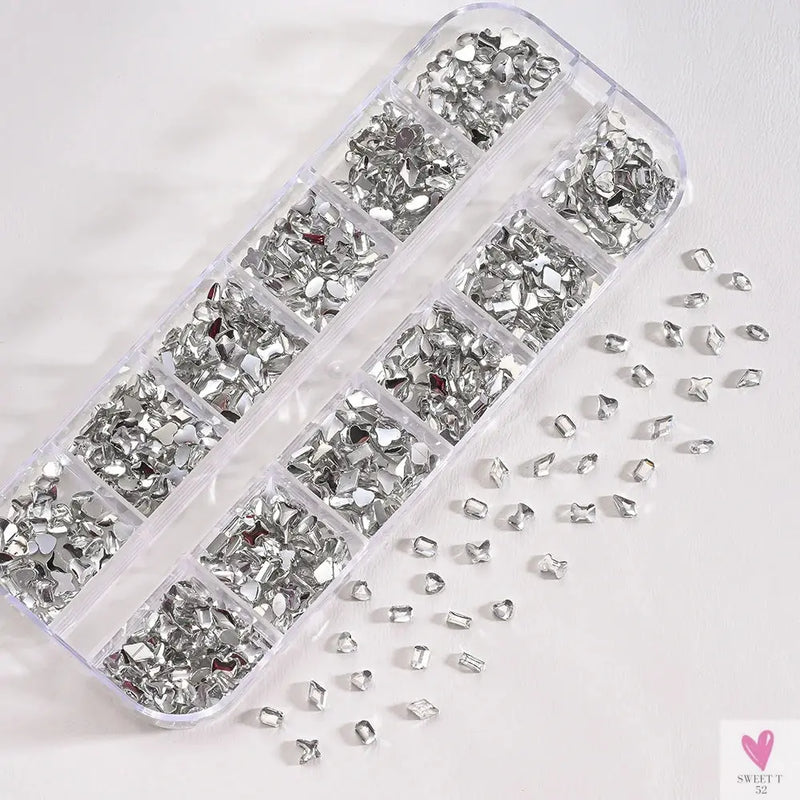 12Grids 3D Colorful Mini Resin Nail Art Rhinestones Mixed Star/Butterfly/Love Diamonds Nail Charms DIY Manicure Decorations Gems Sweet T 52