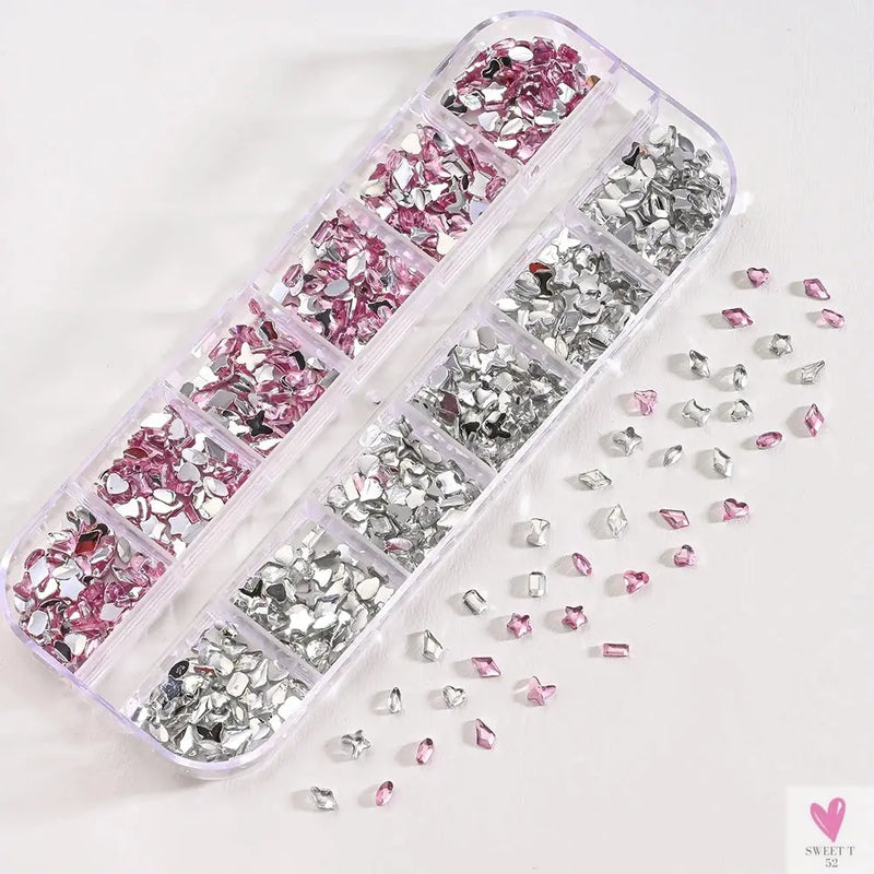 12Grids 3D Colorful Mini Resin Nail Art Rhinestones Mixed Star/Butterfly/Love Diamonds Nail Charms DIY Manicure Decorations Gems Sweet T 52