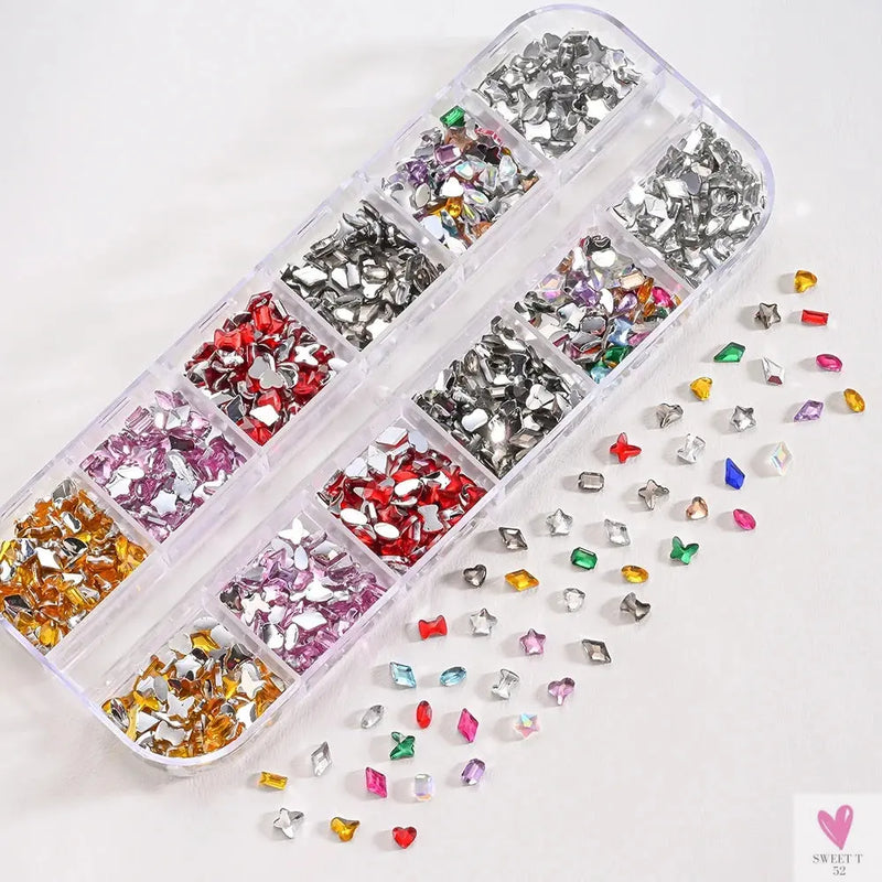 12Grids 3D Colorful Mini Resin Nail Art Rhinestones Mixed Star/Butterfly/Love Diamonds Nail Charms DIY Manicure Decorations Gems Sweet T 52