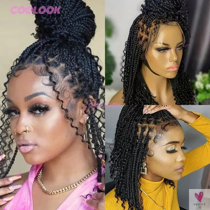 12" Short Boho Bob Wigs Synthetic Braided Wigs for Women, Box Braid, Full Lace Wig Cornrow Braided Lace Wig Sweet T 52